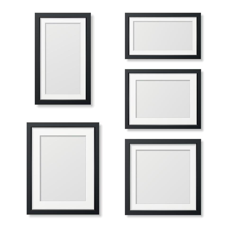 Realistic Photo Frame Mockup Set. Blank Wall Photo Frame Collection - Vertical, Horizontal and Square Formats. Isolated Photo Frame Template for Poster, Print, Art, Interior and Gallery Display vector