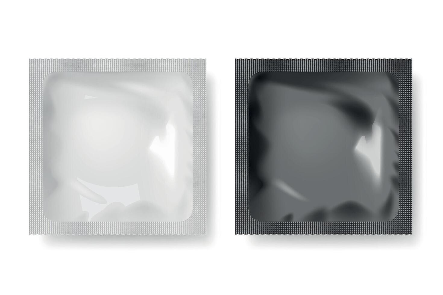 Blank Foil Pack Mockup Set. Realistic Isolated Foil Pack Template for Condom, Tea, Cosmetic Sample, Cream, Gel, Mask, Wet Wipes or Supplement. Foil Pack Design Template for Packaging, Branding vector