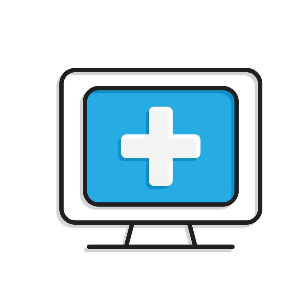 Medical icons. Telemedicine. Medical cross on computer screen. Prevention, health, diagnosis. Mixed design style vector