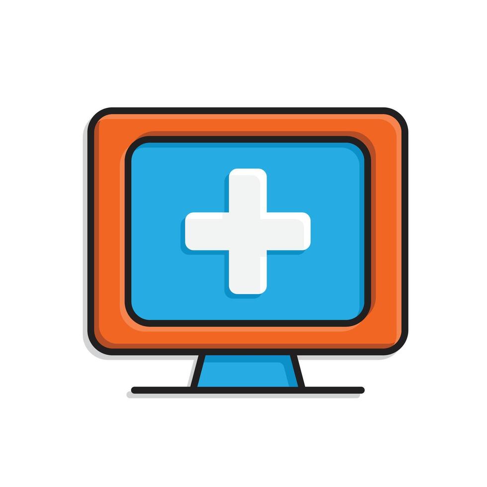 Medical icons. Telemedicine. Medical cross on computer screen. Prevention, health, diagnosis. Isometric design style vector