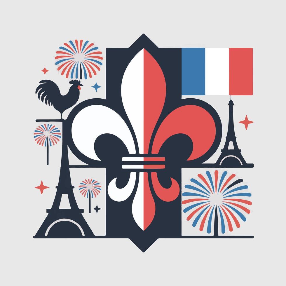 French cultural illustration featuring fleur de lis eiffel tower and other patriotic elements vector
