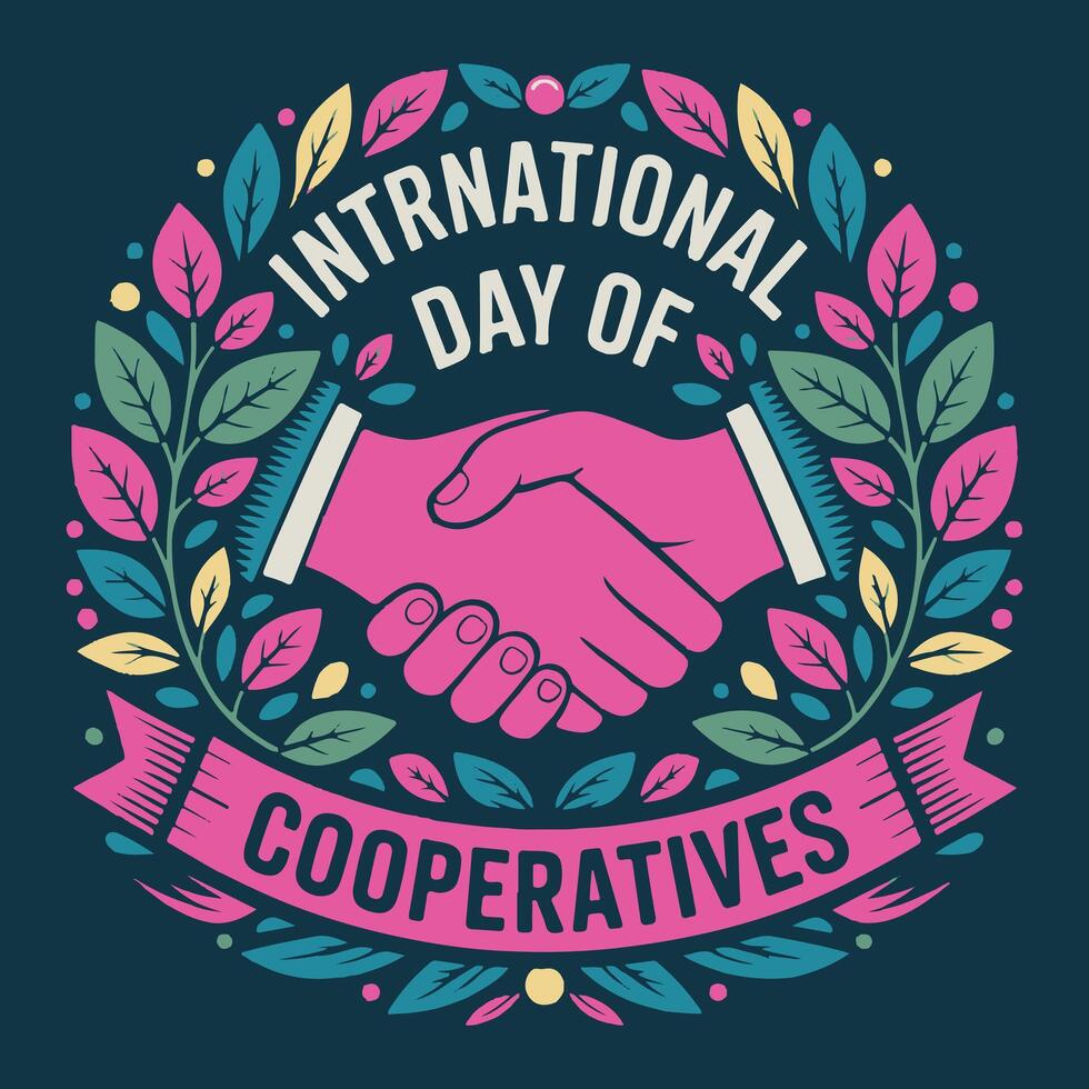 International day of cooperatives illustration featuring handshake and floral design vector