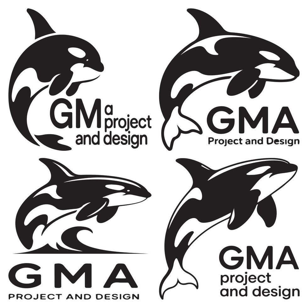 Monochrome orca whale designs with company logos for graphic design and branding projects vector