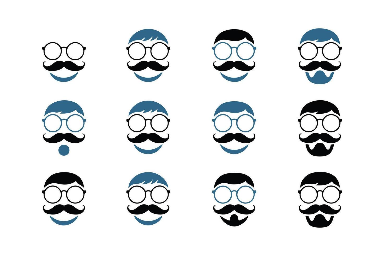 Collection of diverse facial expressions with glasses mustaches and various hairstyles in modern minimalist style vector