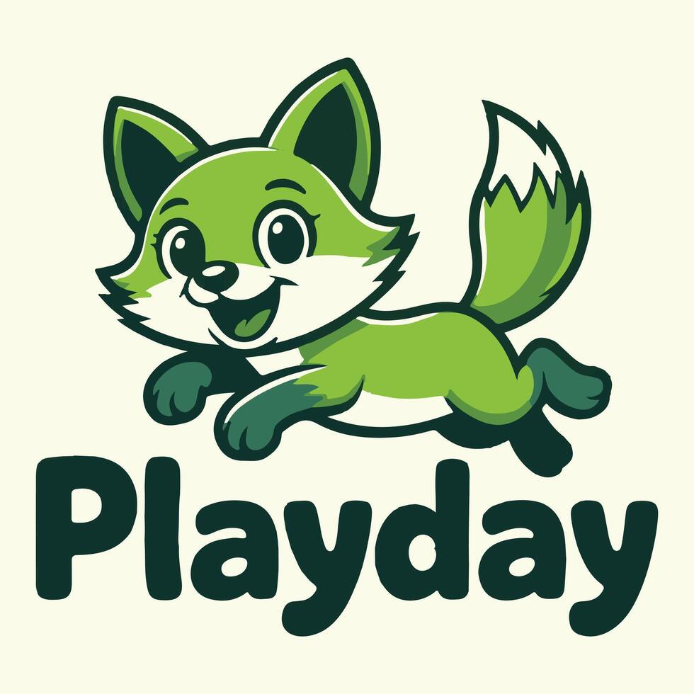 Playful green fox mascot logo jumping and smiling for fun and daycare services vector