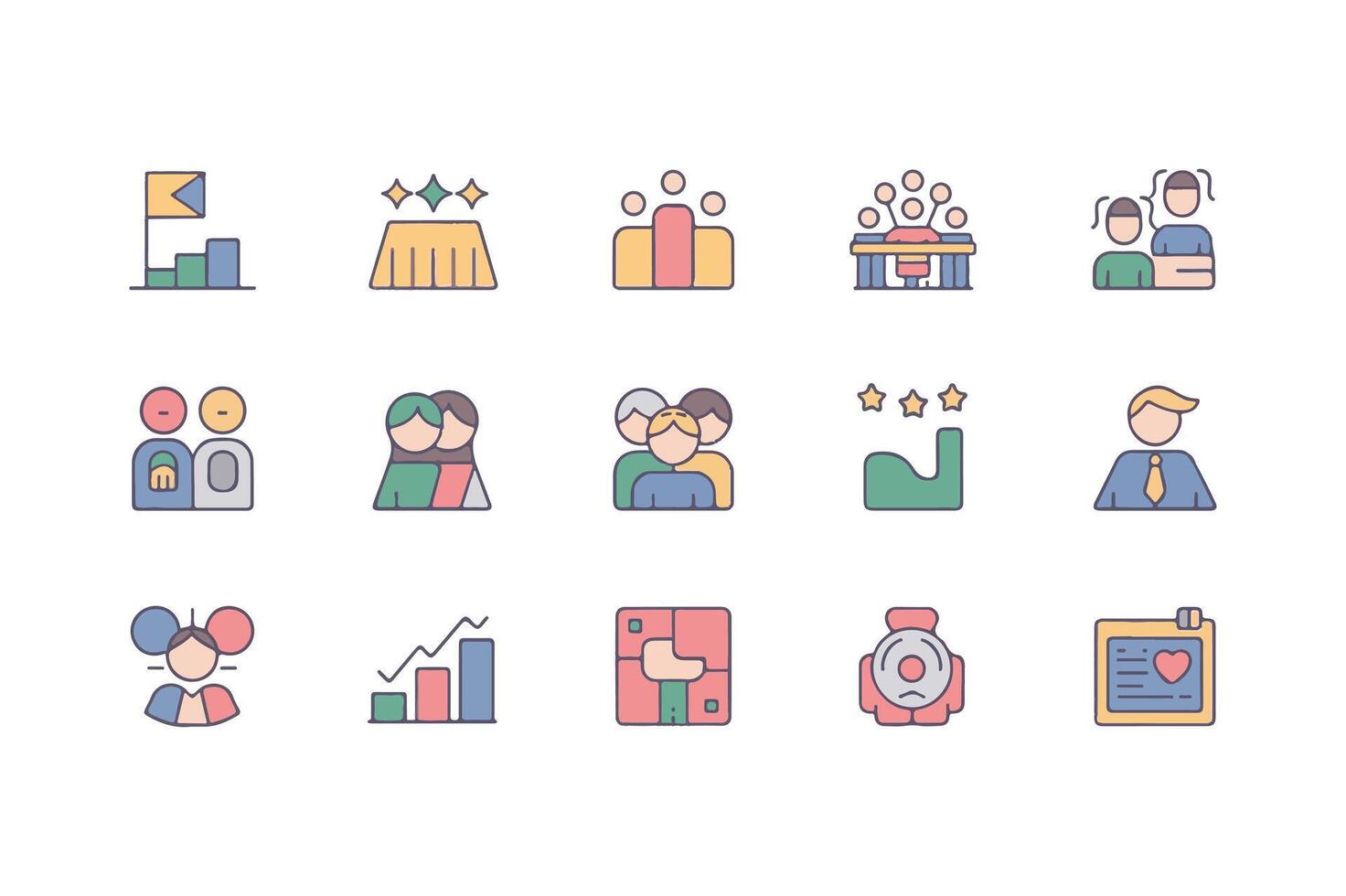 Colorful set of business and teamwork icons representing goals and collaboration vector