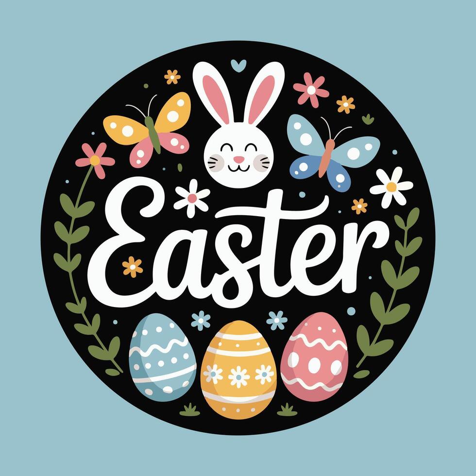 Festive easter illustration featuring a cheerful bunny butterflies and decorated easter eggs vector