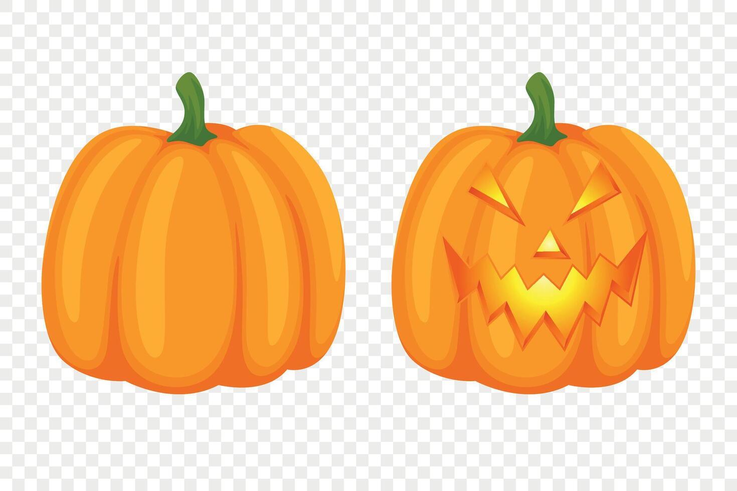 Cartoon Pumpkins Collection with Carved Faces. Flat Colorful Pumpkin Stickers Set. Design Templates for Halloween, Fall, Harvest. Cute and Fun Simple Pumpkin Illustrations vector
