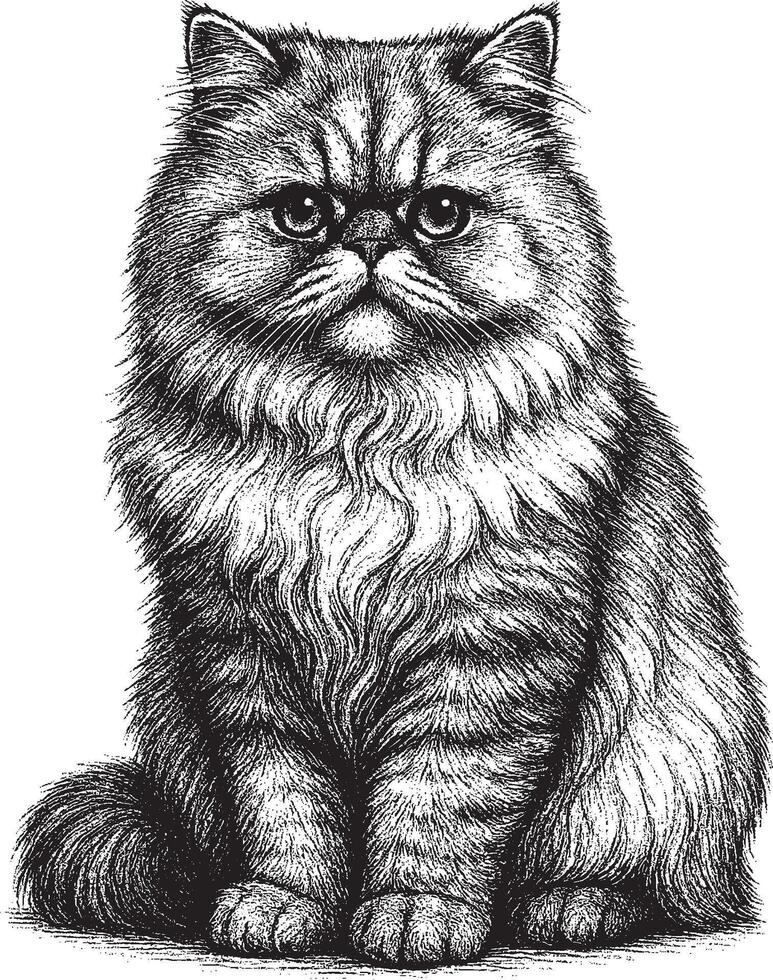 Detailed Ink Drawing of a Fluffy Persian Cat vector