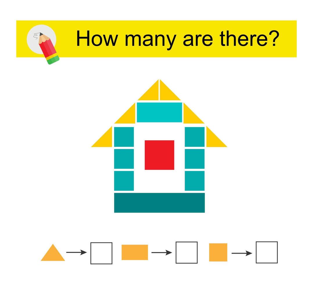 Math activity. How many geometric shapes Cartoon house. vector
