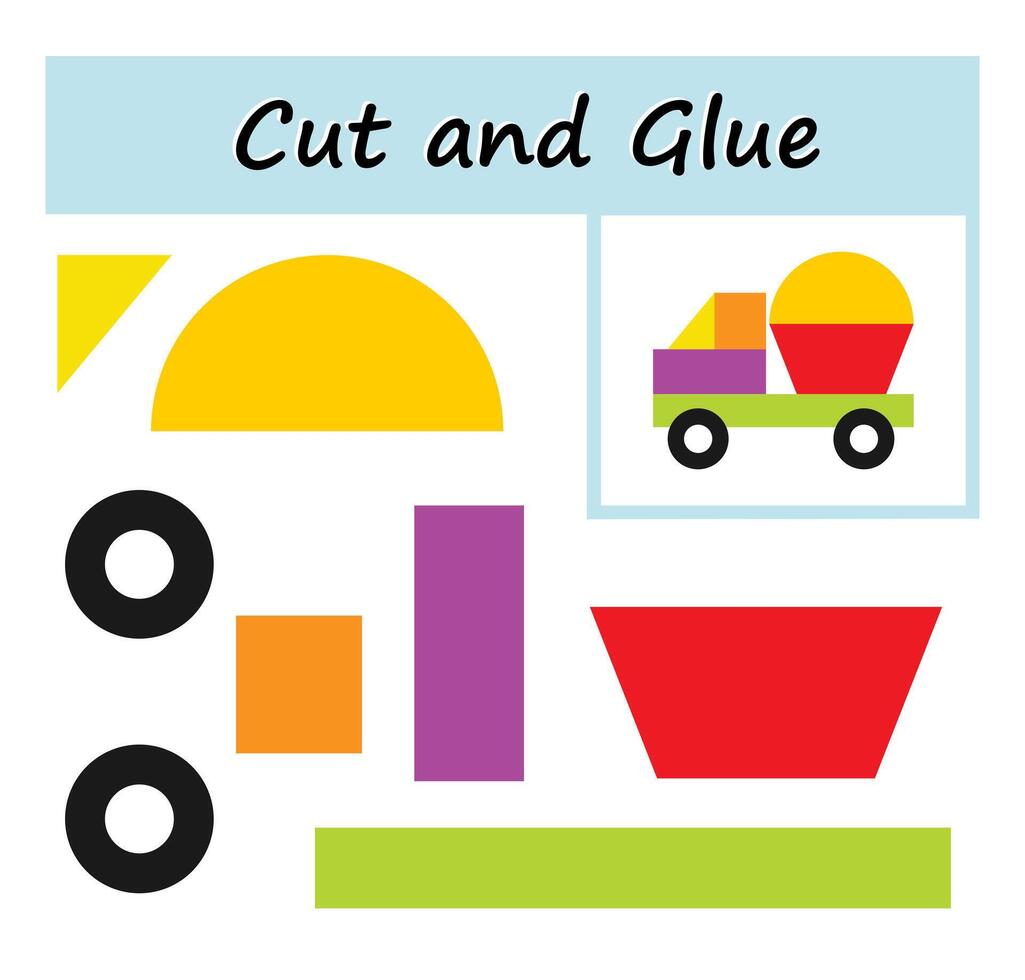 Cut parts of the image and glue on the paper. DIY worksheet. illustration of truck from geometric shapes. vector