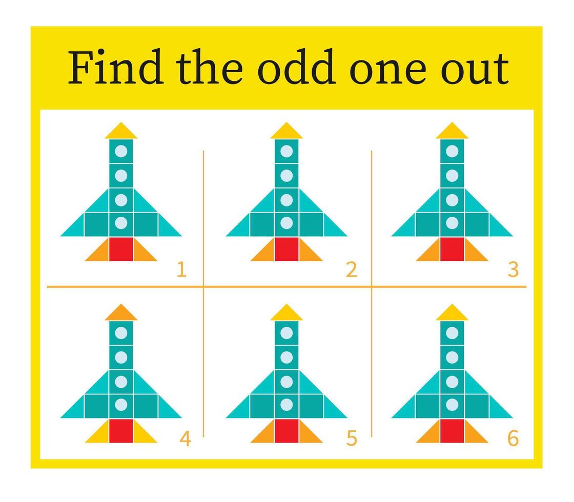 Puzzle game for children. Task for development of attention and logic. Cartoon rocket. vector