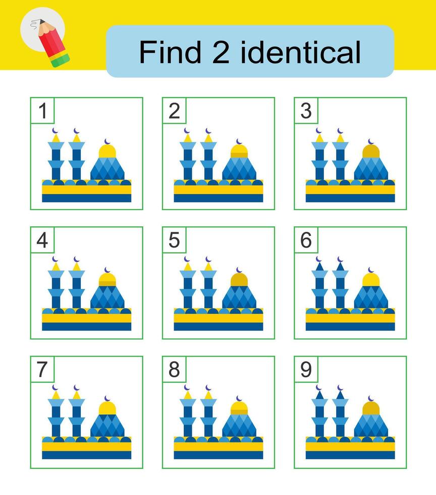 Fun puzzle game. Need to find two identical mosques. Answer is 2,8. vector