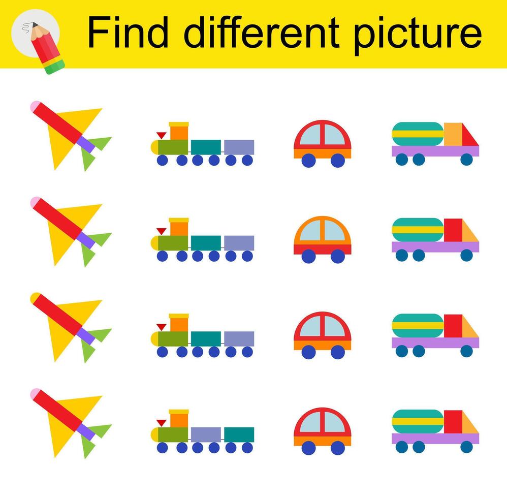 Logic game for children. Find different picture. illustration of the truck, car, rocket, train. vector