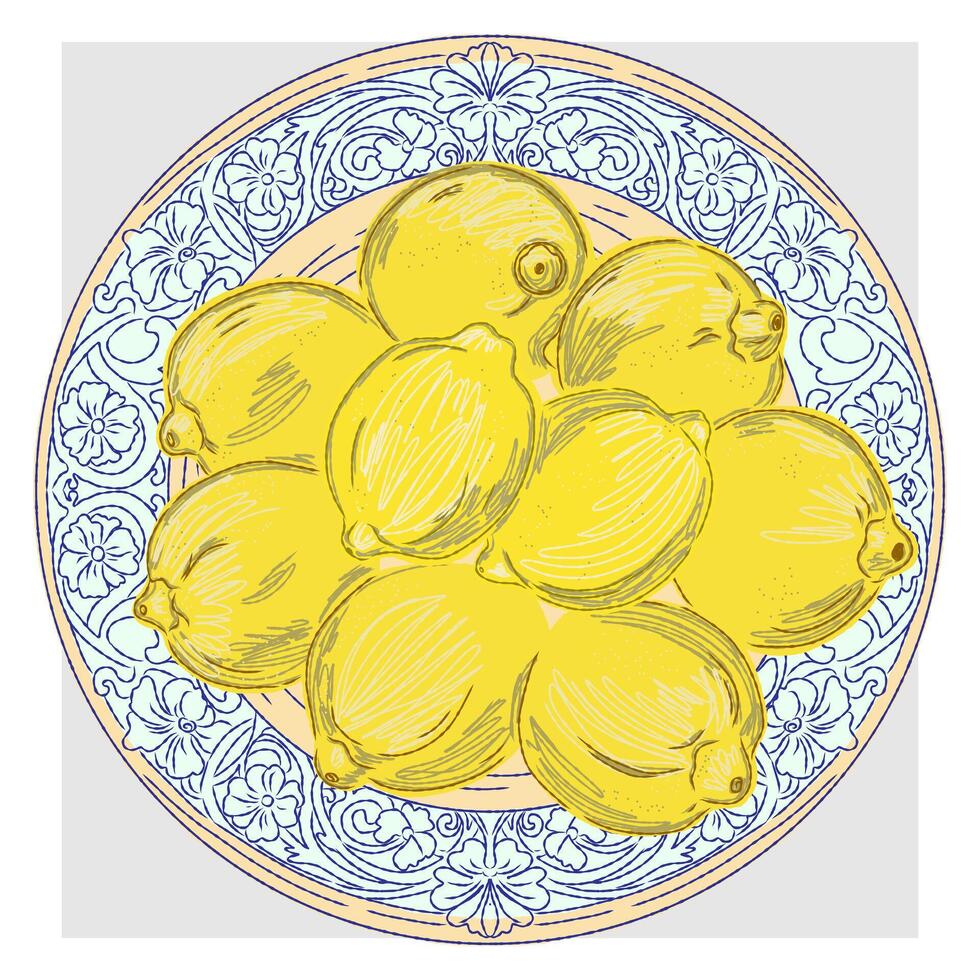 a plate, with lemons on it vector