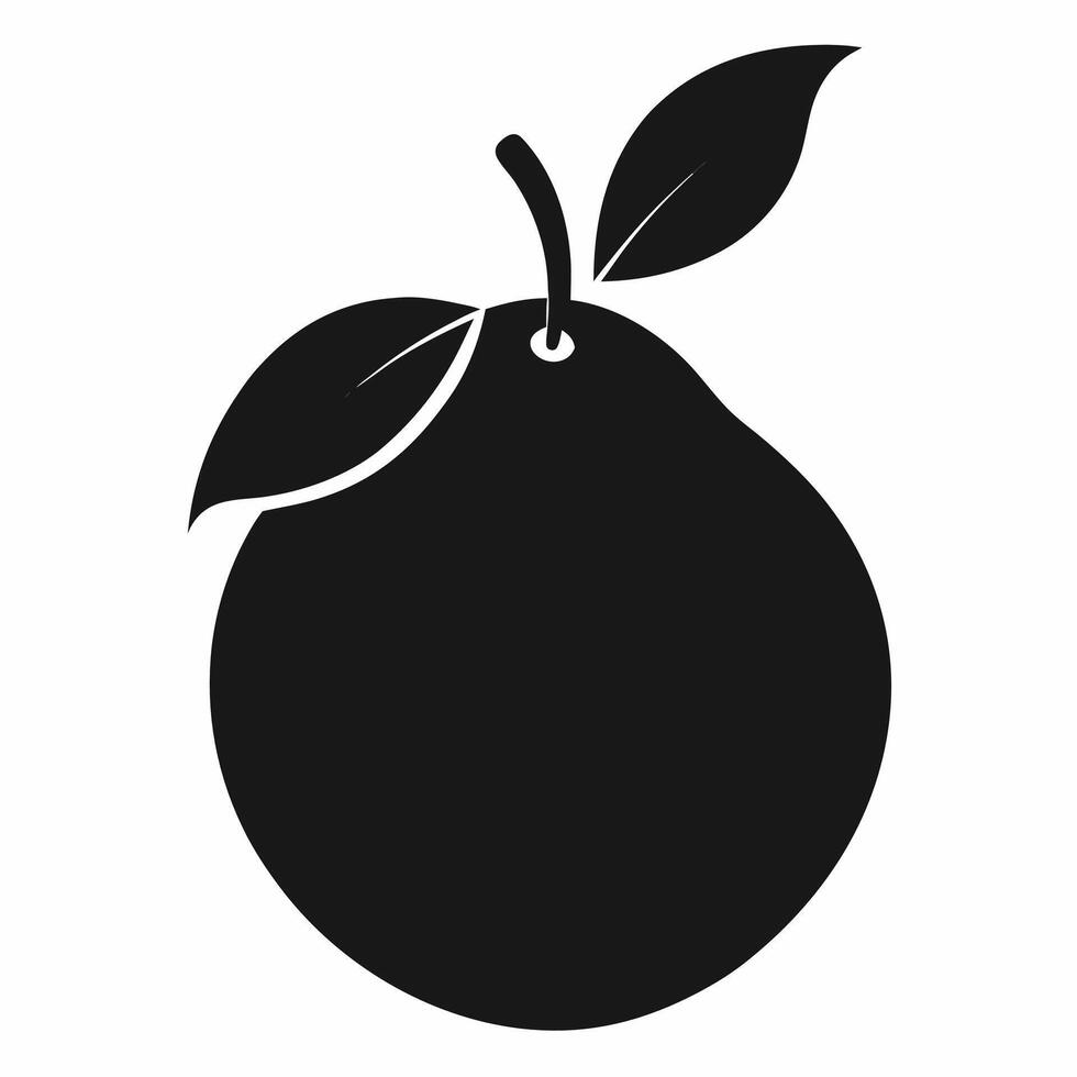 A black and white silhouette of a pear with leaves vector
