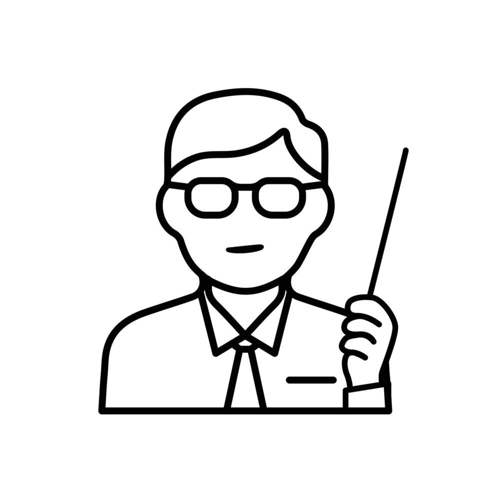 education icon. Teacher. Teacher character with pointer. smart, learning, clever. Outline design style vector