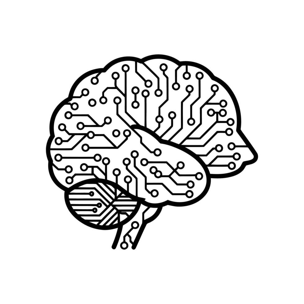 A stylized brain illustration, depicted as a circuit board, showcasing intricate connections and nodes. The design is bold, black and white, and viewed from a side angle. vector