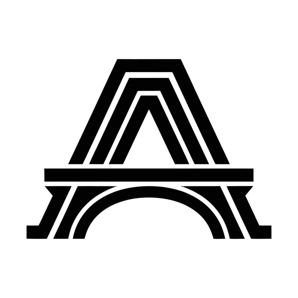 A bold, graphic illustration of a stylized bridge in black against a white background. The design features a strong, geometric A shape. vector