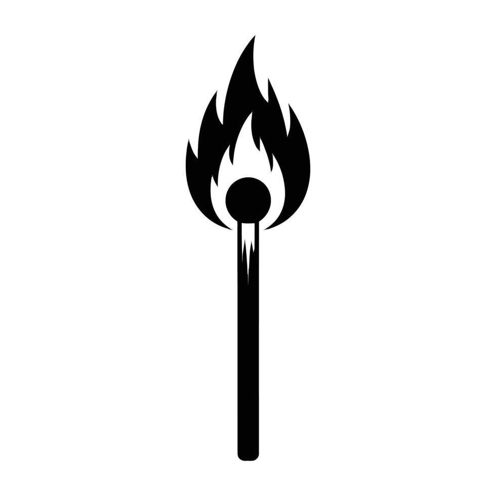 A bold, black silhouette of a matchstick with flames, set against a plain white background. The image is a simple, graphic representation. vector