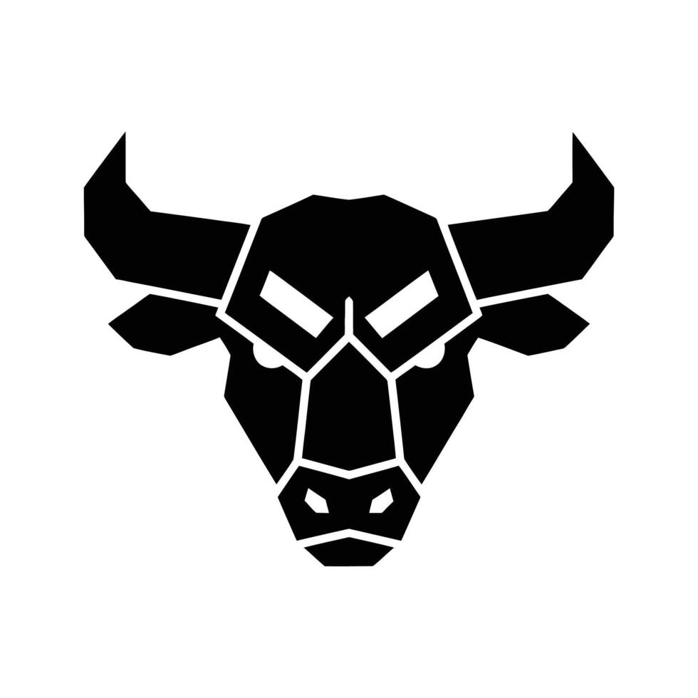 A striking black and white geometric illustration of a bull's head, featuring sharp angles and a minimalist aesthetic. The design is clean and modern. vector