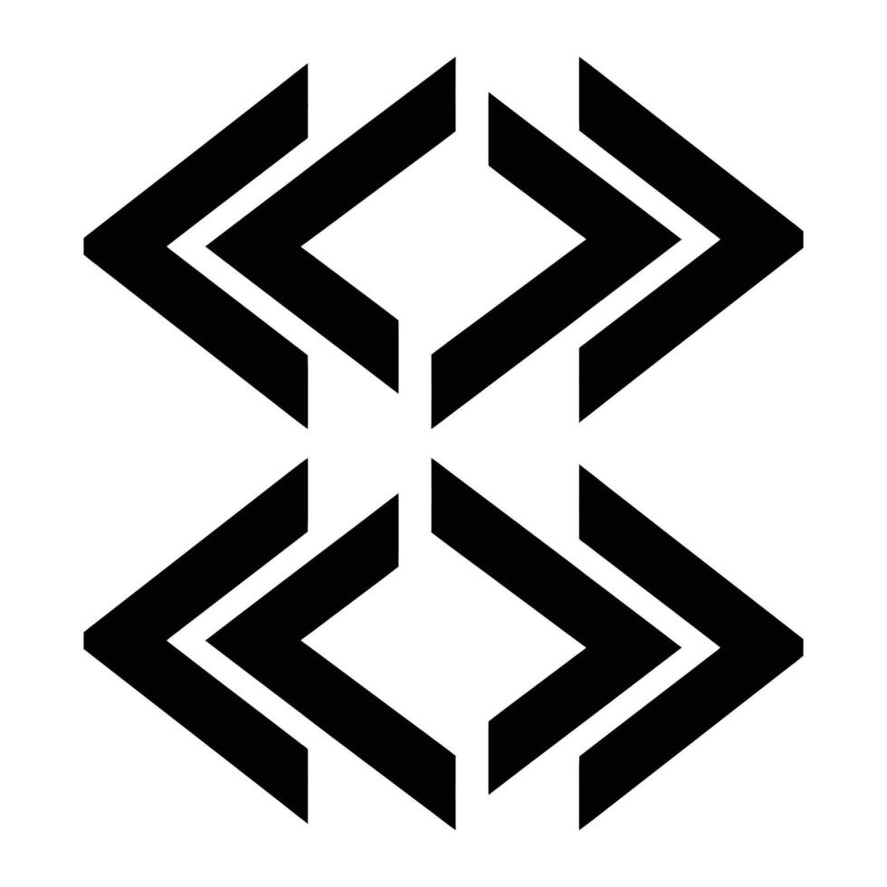 A symmetrical, black and white geometric design featuring interlocking arrows. The design is sharp and clean, with a focus on the interplay of shapes. vector