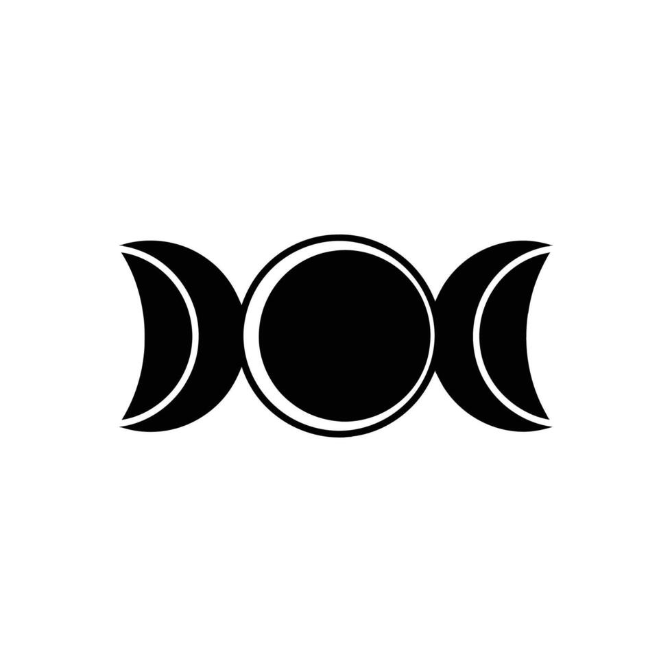 A simple, graphic representation of the Triple Moon Goddess symbol, featuring three crescent moons and a central circle, all in solid black against a white backdrop. vector