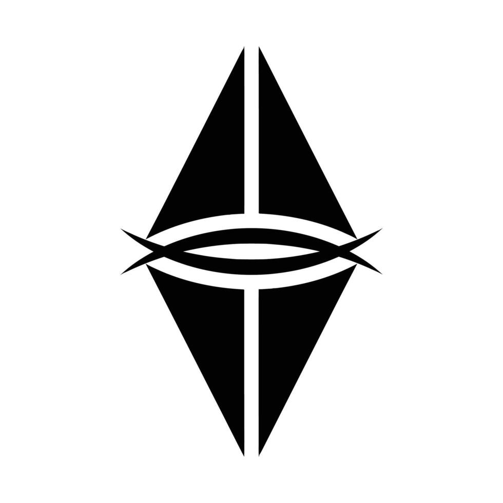A stylized black diamond shape, bisected vertically, features a curved eye symbol at its center against a white background. vector