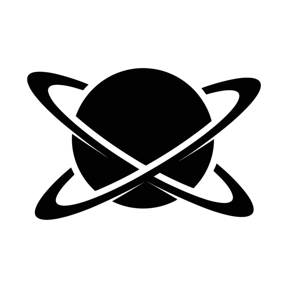 A bold, black graphic depicts a circle encircled by two intersecting curved lines, suggesting planetary rings. Simple, high contrast design. vector