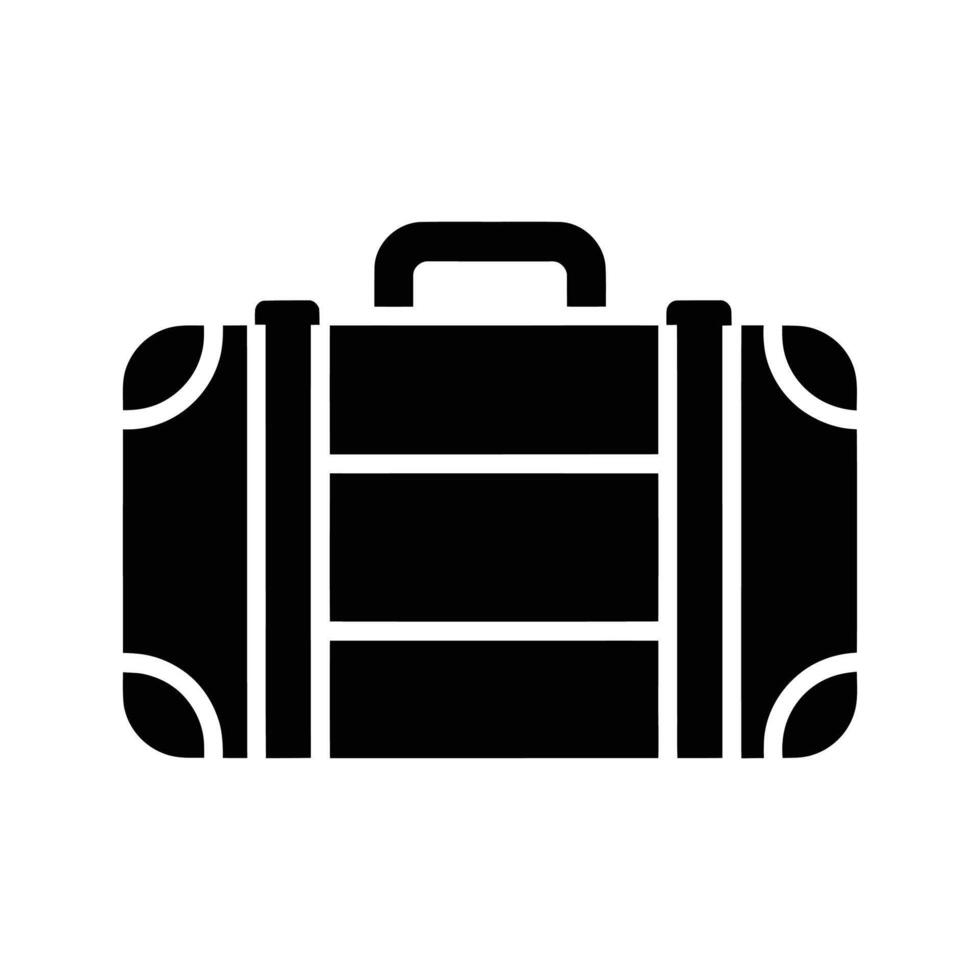 A solid black silhouette of a vintage suitcase, front view, with handle and straps. vector