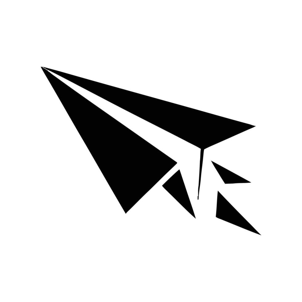 A stylized black paper airplane icon on a white background, with geometric shapes suggesting movement and a sense of breaking apart. vector