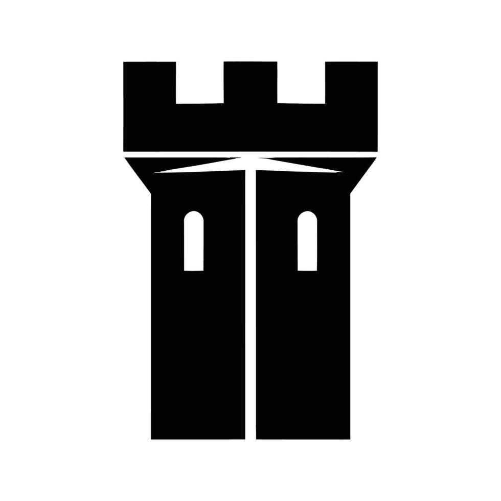 A simple, black silhouette of a castle tower against a white background. The image is centered and features two small windows. vector