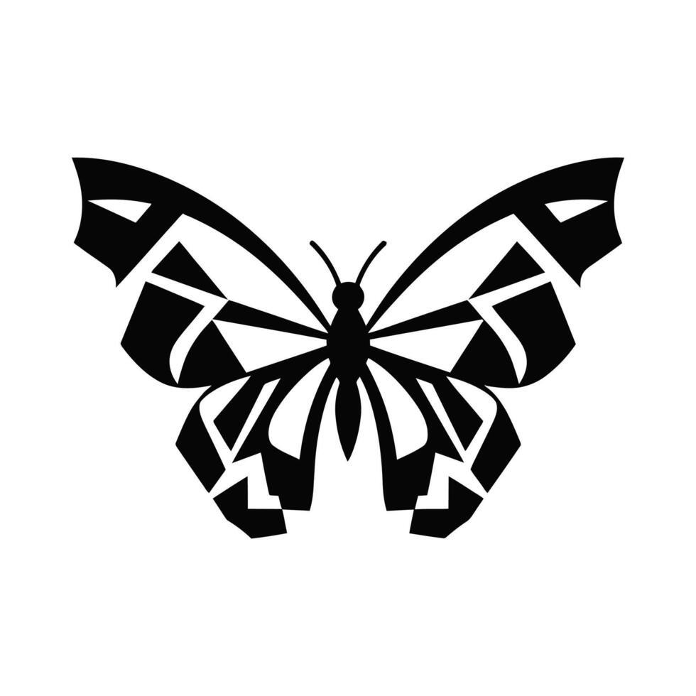 A stylized butterfly illustration, black silhouette against white background. Geometric, angular wing design. Direct frontal view. vector