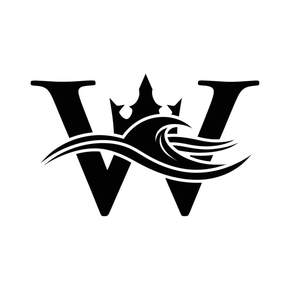 A stylized black and white logo featuring the letter W, a wave, and a crown. The design is simple yet elegant. vector