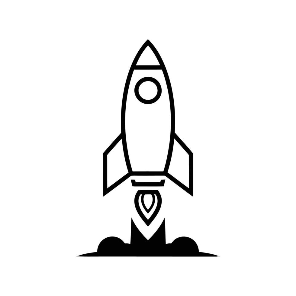 A minimalist black and white illustration of a rocket launching, viewed from a front perspective. The focus is sharp, highlighting the rocket's design. vector