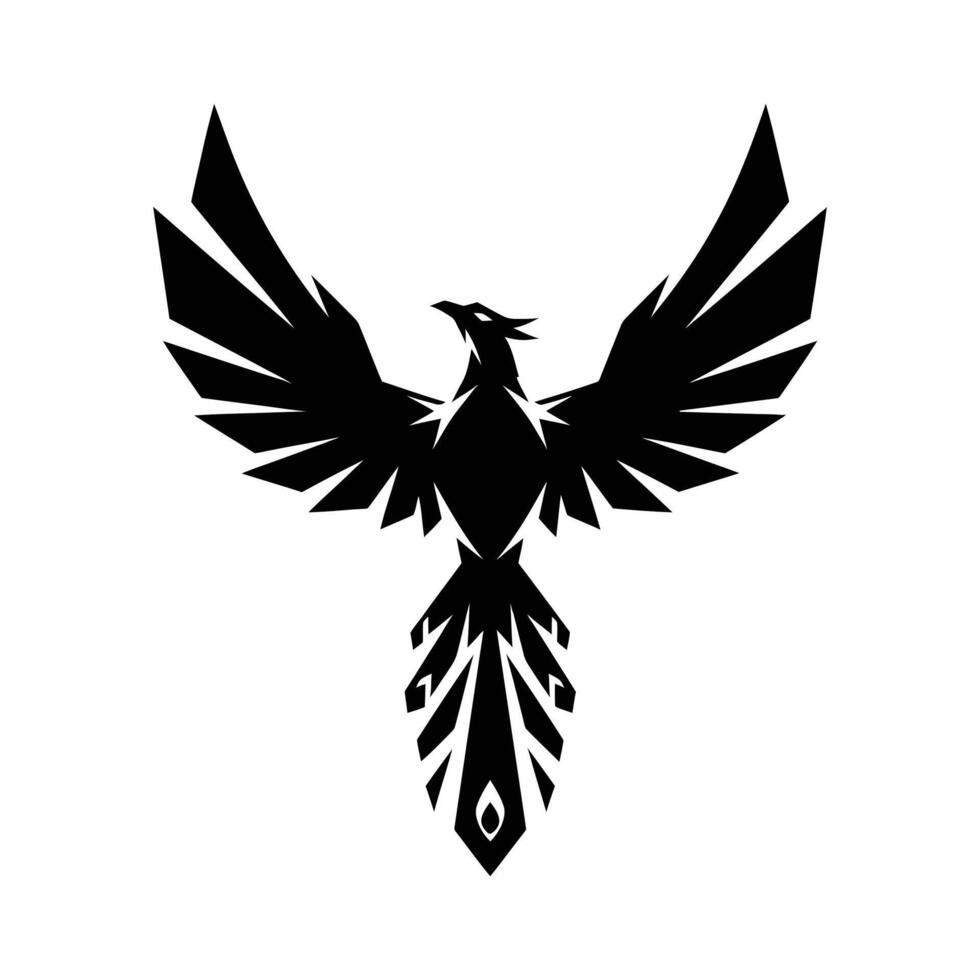 A black silhouette of a phoenix with geometric wings spread wide, set against a clean white background. The design is modern and symbolic. vector