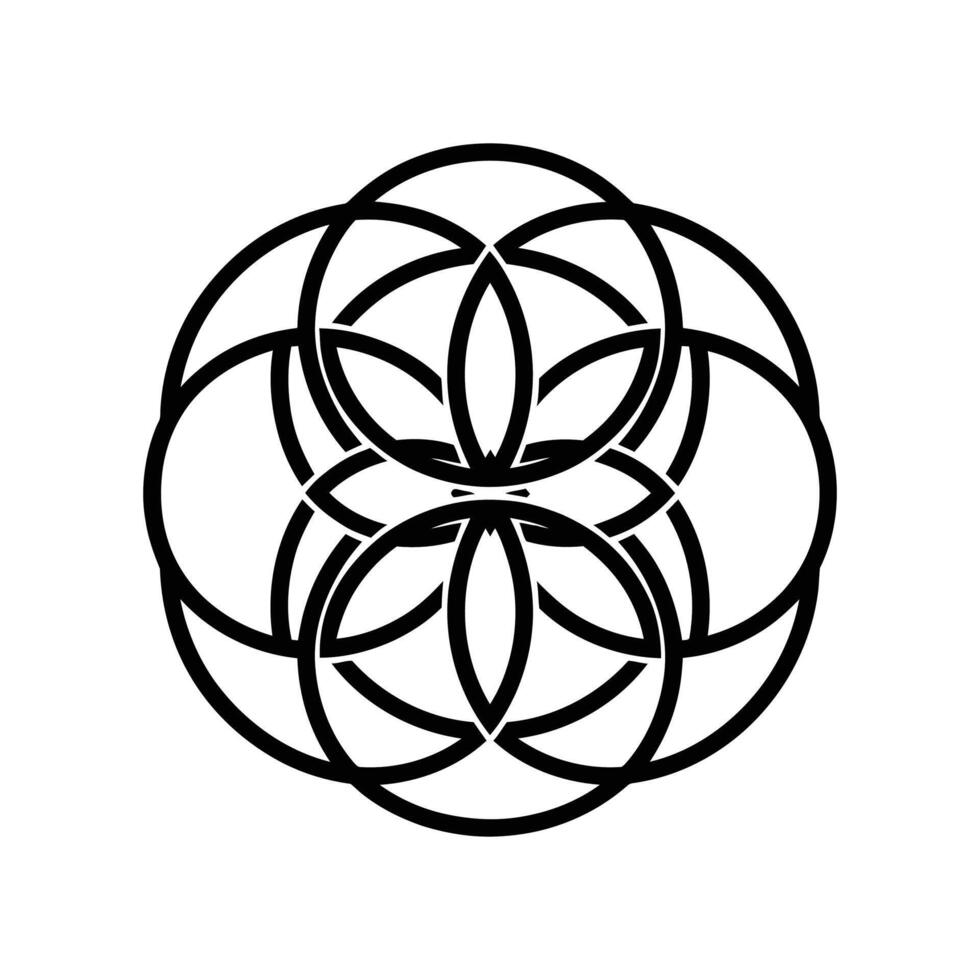 A symmetrical black and white design featuring overlapping circles creating a complex, visually appealing pattern. The design is centered on a white background. vector