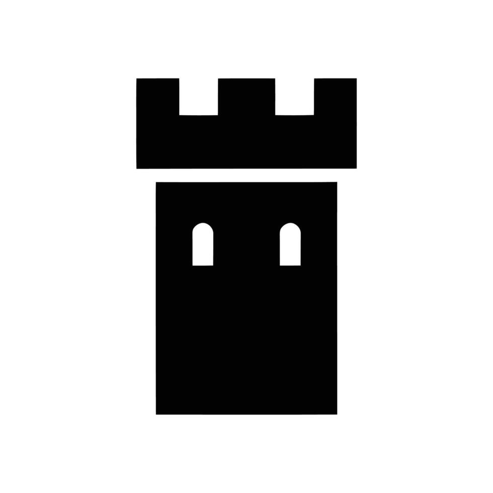 A simple, bold black castle tower icon with two arched windows, set against a clean white background. Minimalist design. vector