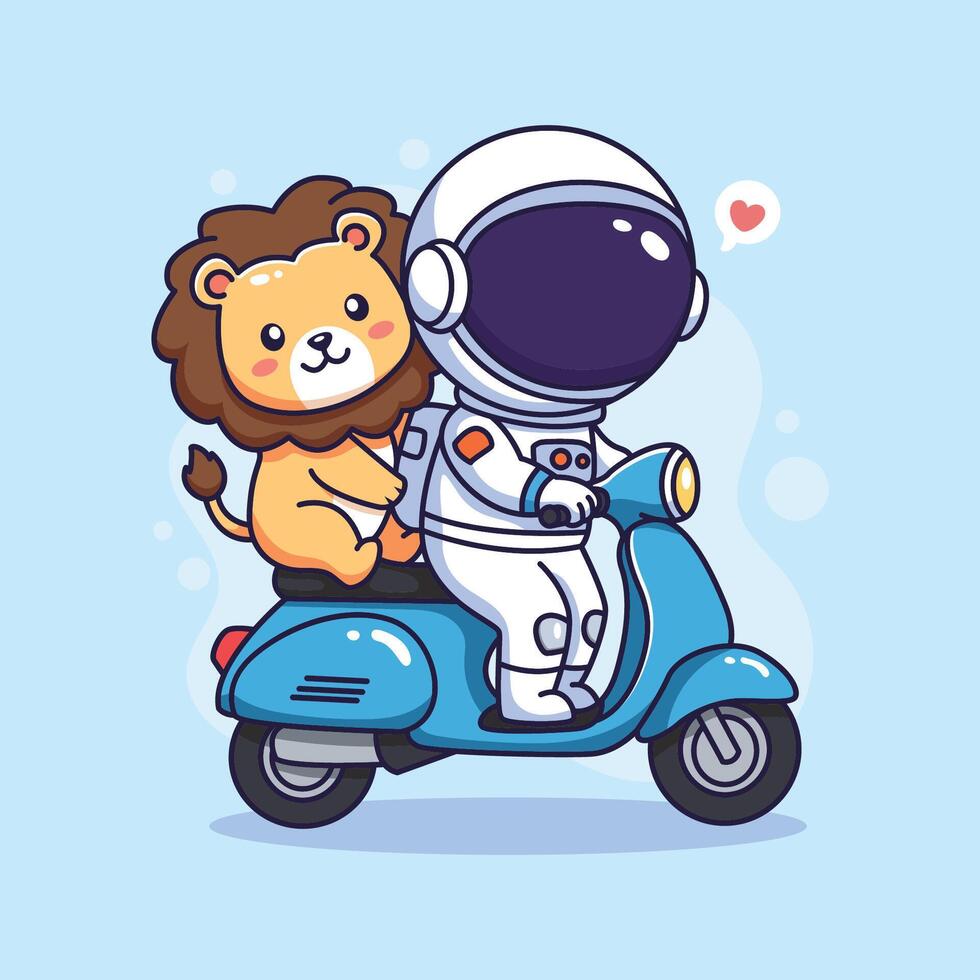 cute lion with astronaut helmet and scooter illustration graphic design vector