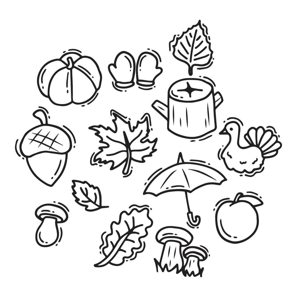 Hand drawn doodle set of autumn symbols. illustration. vector