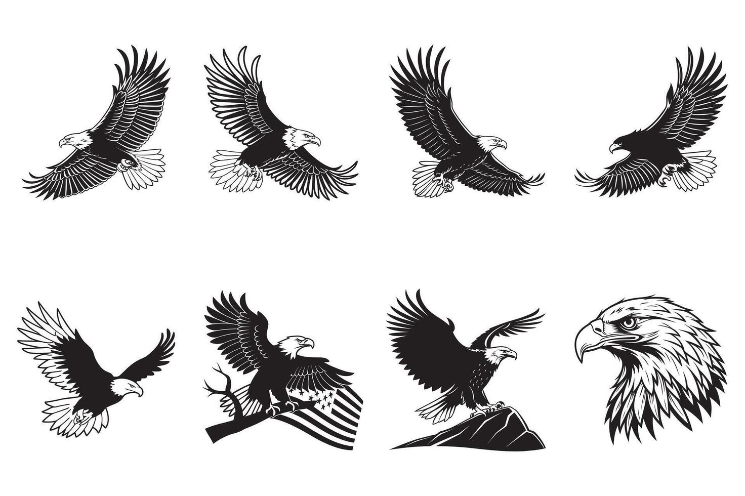 American Eagle In Flight Design Gliding Hawk Silhouette Drawing vector