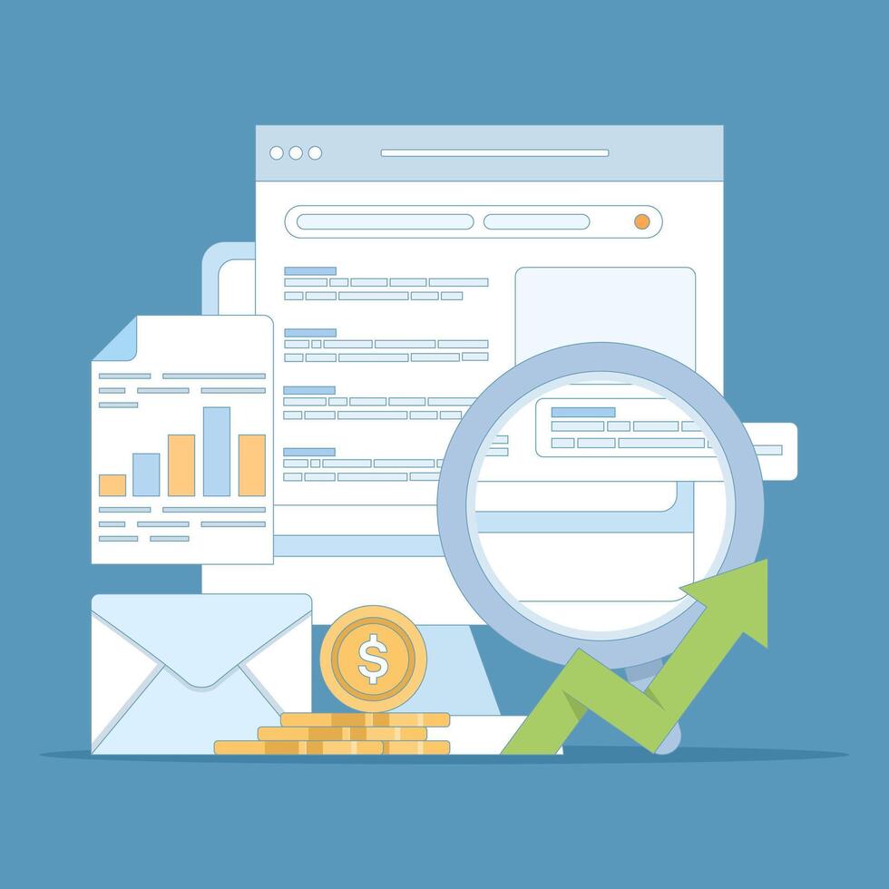 SEO concept search engine optimization, search marketing, digital marketing strategies. keywords to improve page rank. web promotion or other SEO issues. stylish design illustration on background. vector