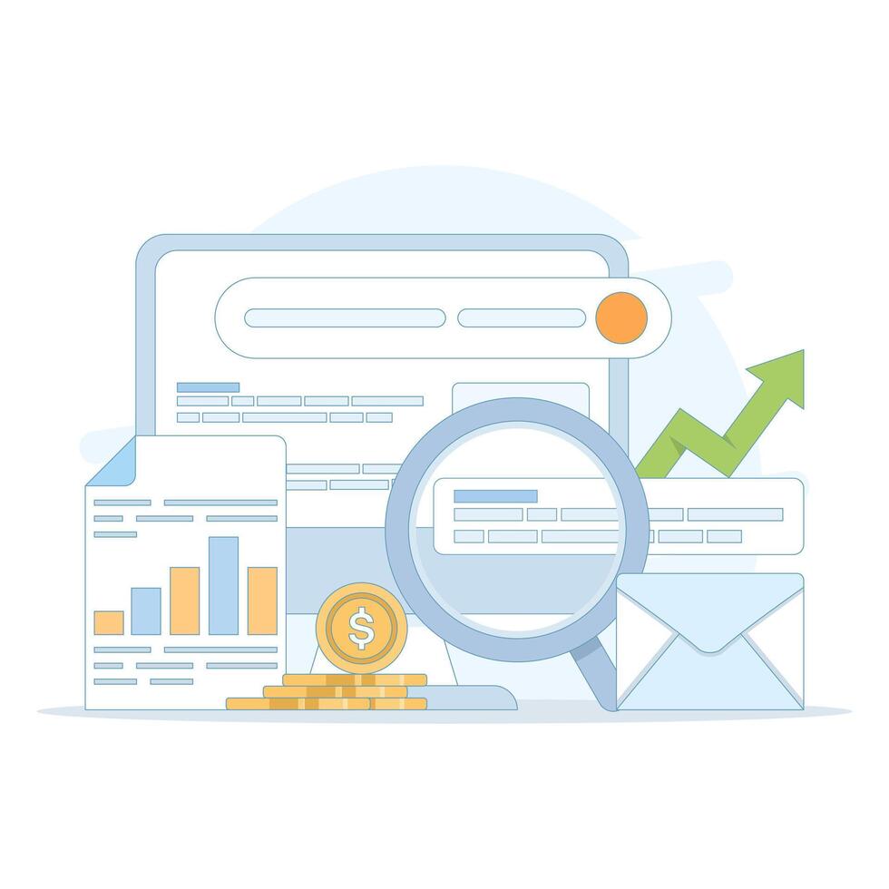 SEO concept search engine optimization, search marketing, digital marketing strategy. keywords to improve page rank. web promotion or other SEO issues. illustration design on background. vector