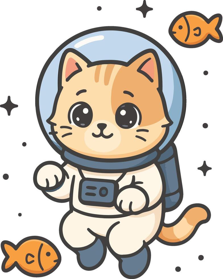 Cute cartoon cat astronaut in space with fish vector