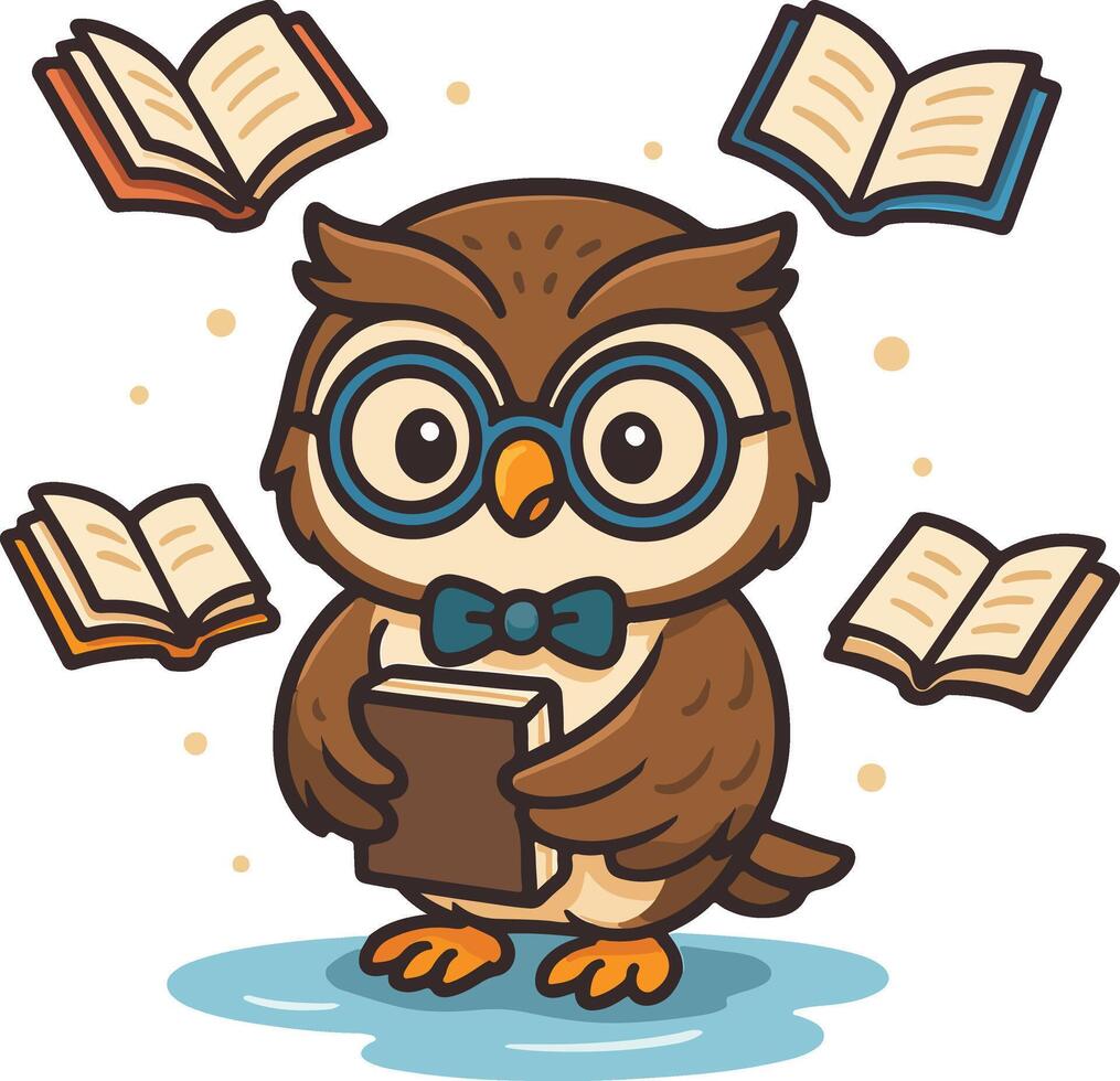 Owl reading book with many books illustration vector