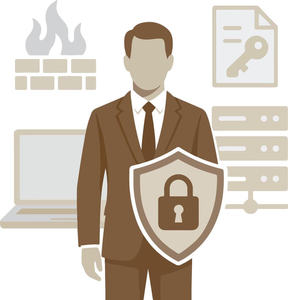 A man in a suit holding a padlock and a computer vector