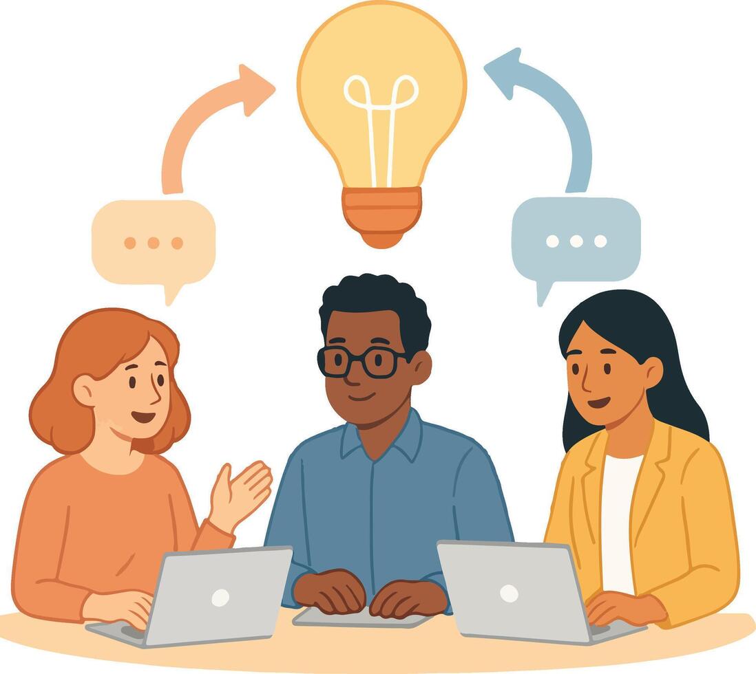 Illustration of people working on laptops with light bulb above them vector