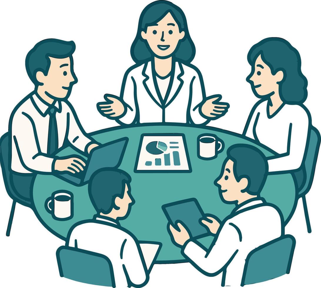 A group of people sitting around a table with a woman talking vector