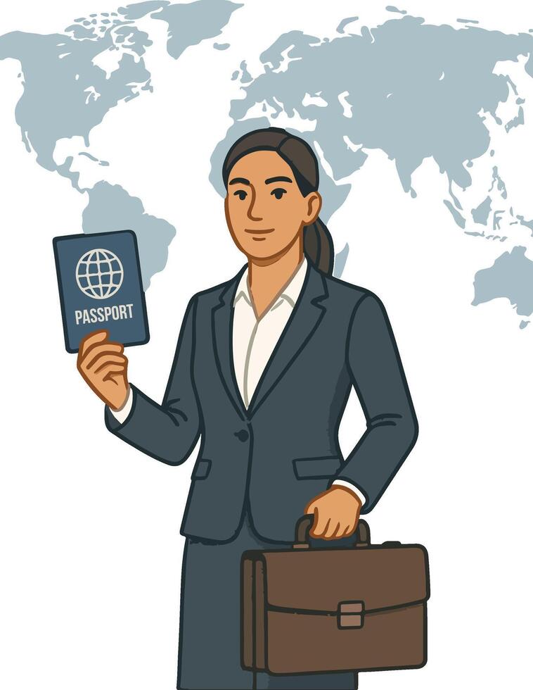 Businesswoman holding passport and suitcase in front of world map illustration vector