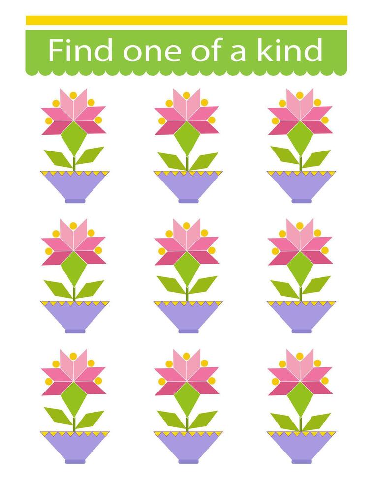 Fun educational game for kids. Need to find one of a kind pink flower. Kids activity page. vector